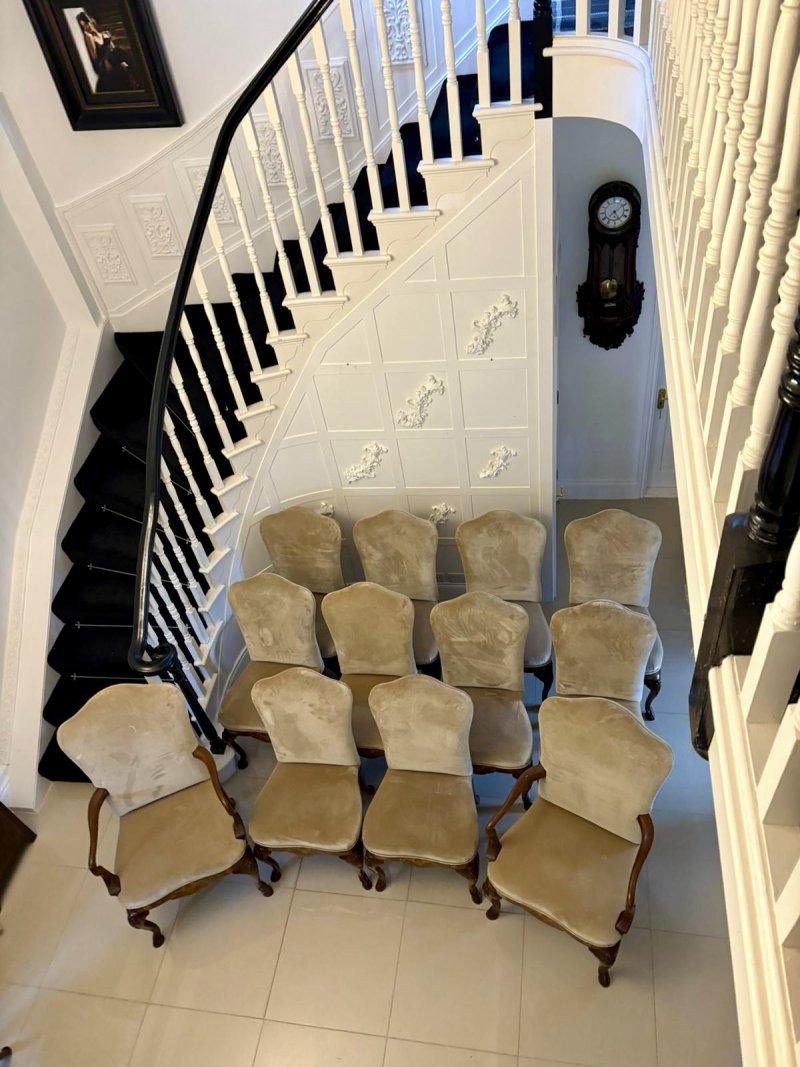 Set of 12 Antique Quality Burr Walnut Inlaid Marquetry Dining Chairs - Image 2